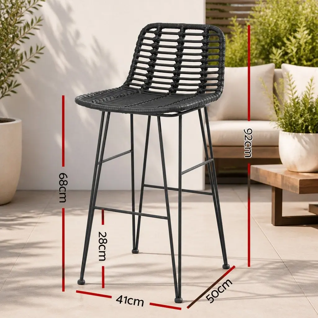 Bar Stools Black Hand-Woven Wicker Outdoor Set 2x Sturdy Steel Frame Weather-Resistant