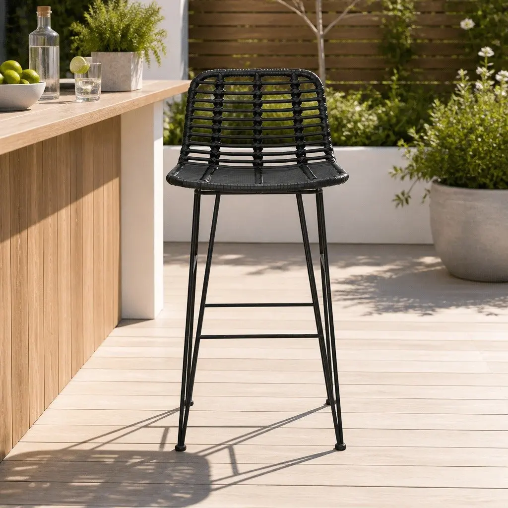 Bar Stools Black Hand-Woven Wicker Outdoor Set 2x Sturdy Steel Frame Weather-Resistant
