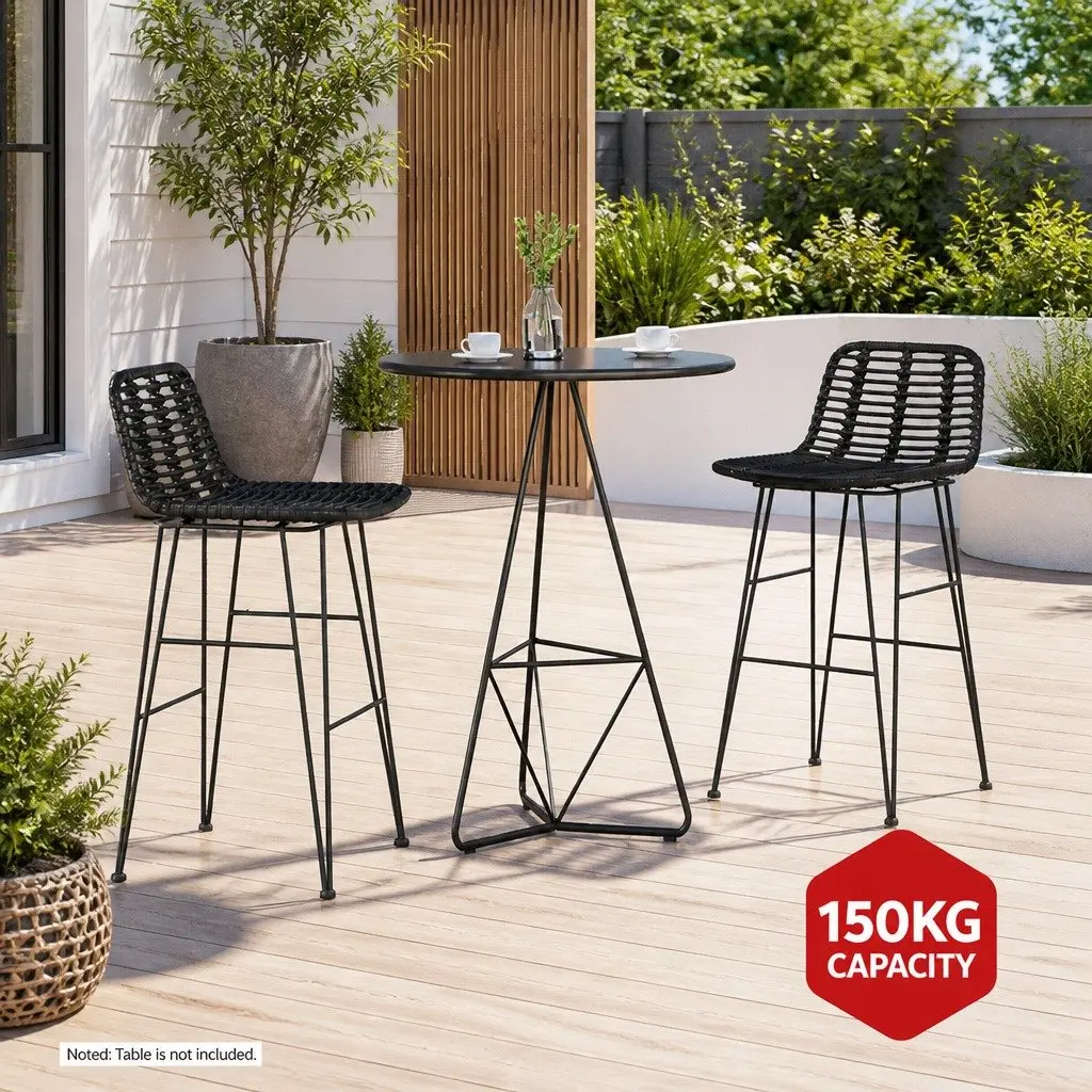 Bar Stools Black Hand-Woven Wicker Outdoor Set 2x Sturdy Steel Frame Weather-Resistant