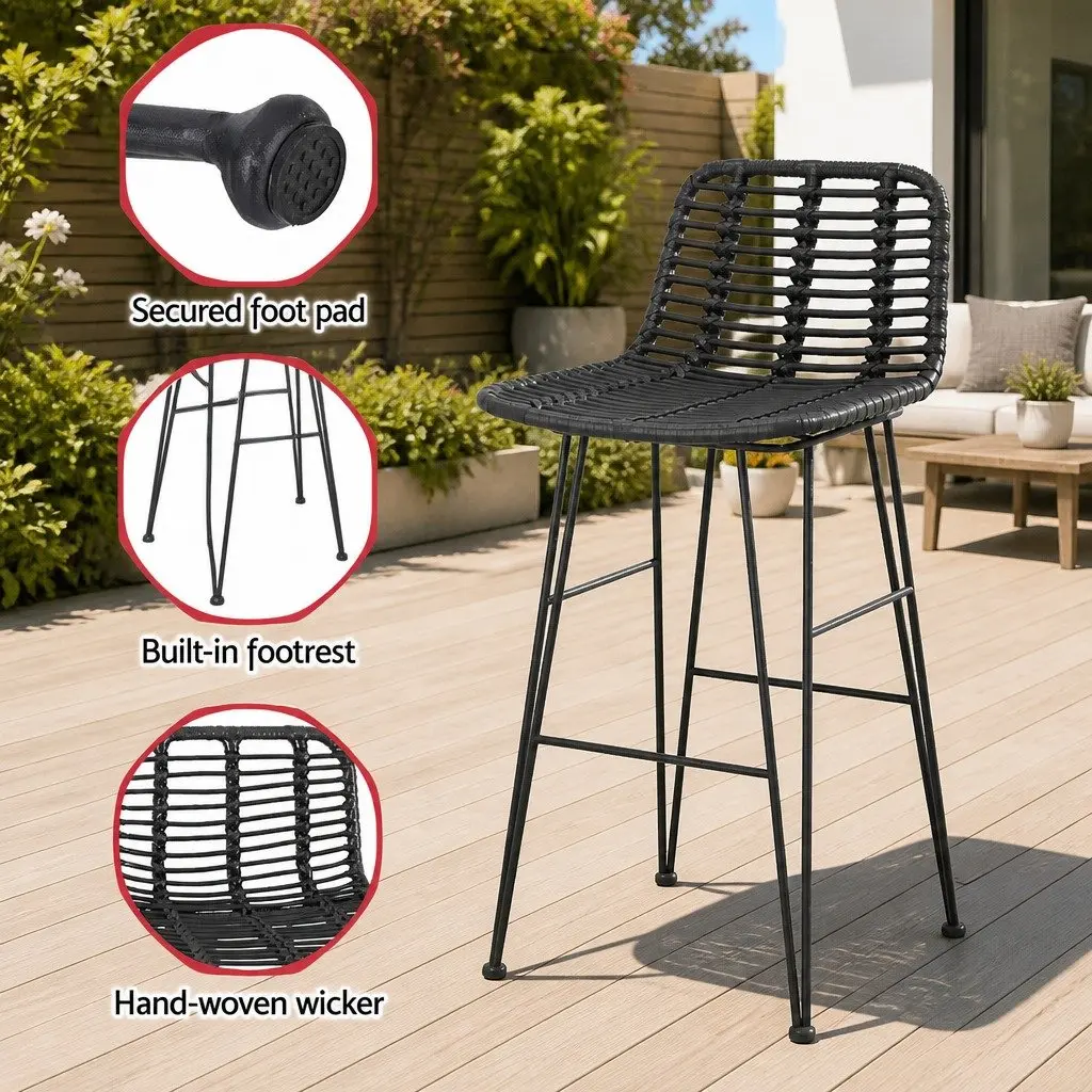 Bar Stools Black Hand-Woven Wicker Outdoor Set 2x Sturdy Steel Frame Weather-Resistant