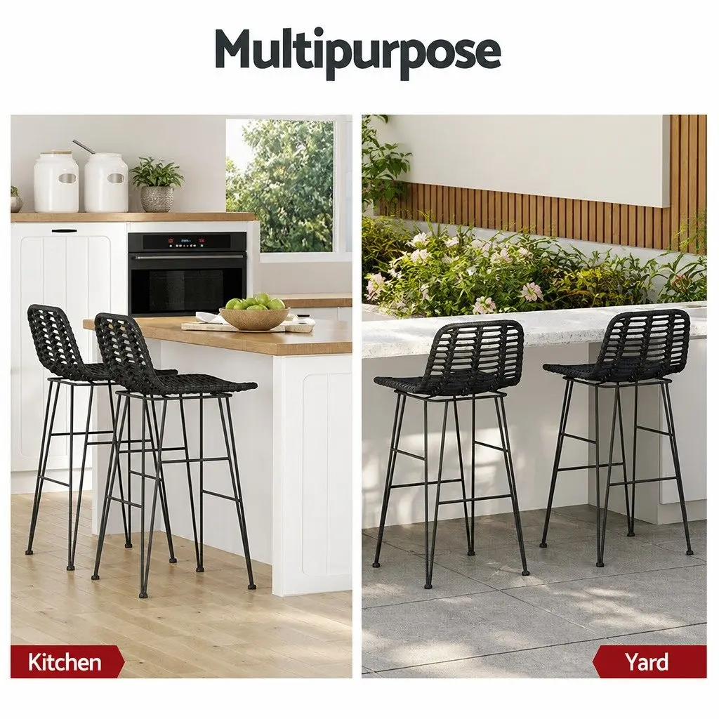 Bar Stools Black Hand-Woven Wicker Outdoor Set 2x Sturdy Steel Frame Weather-Resistant