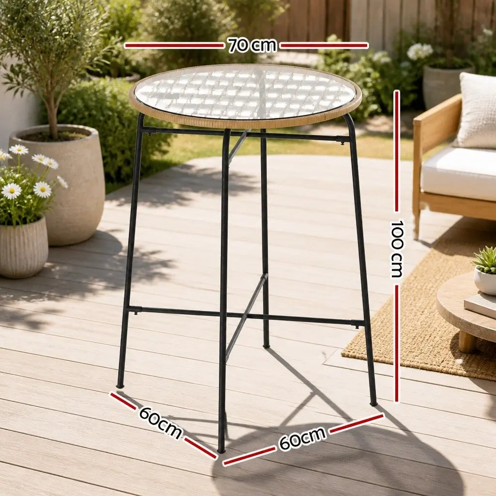 Outdoor Bar Table Beige 70cm Tempered Glass Top Hand-Woven Wicker Edge Metal Frame