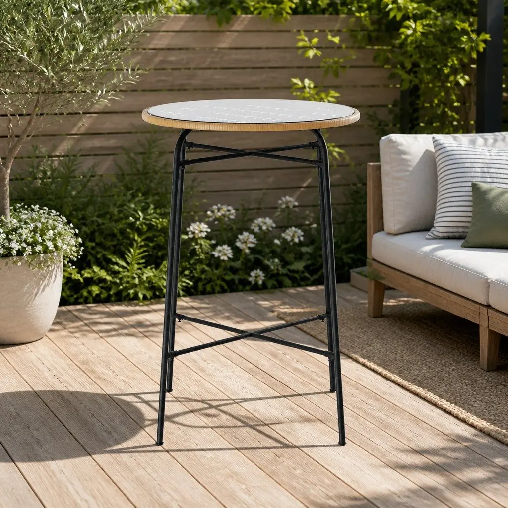 Outdoor Bar Table Beige 70cm Tempered Glass Top Hand-Woven Wicker Edge Metal Frame