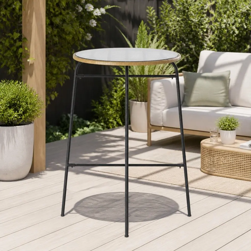 Outdoor Bar Table Beige 70cm Tempered Glass Top Hand-Woven Wicker Edge Metal Frame