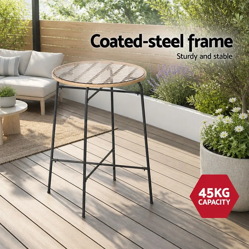 Outdoor Bar Table Beige 70cm Tempered Glass Top Hand-Woven Wicker Edge Metal Frame