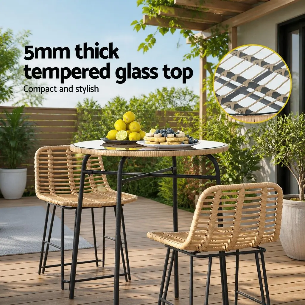 Outdoor Bar Table Beige 70cm Tempered Glass Top Hand-Woven Wicker Edge Metal Frame