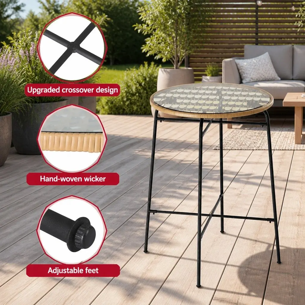 Outdoor Bar Table Beige 70cm Tempered Glass Top Hand-Woven Wicker Edge Metal Frame