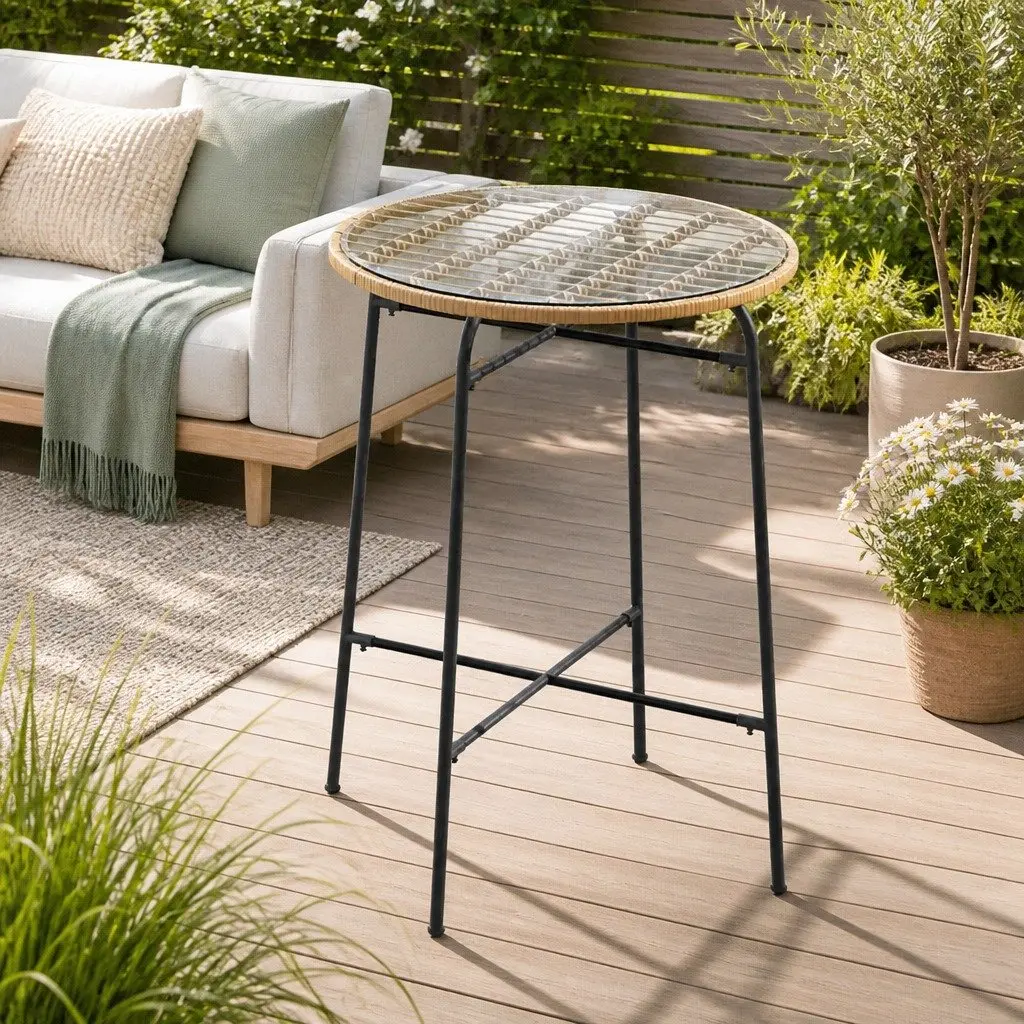 Outdoor Bar Table Beige 70cm Tempered Glass Top Hand-Woven Wicker Edge Metal Frame