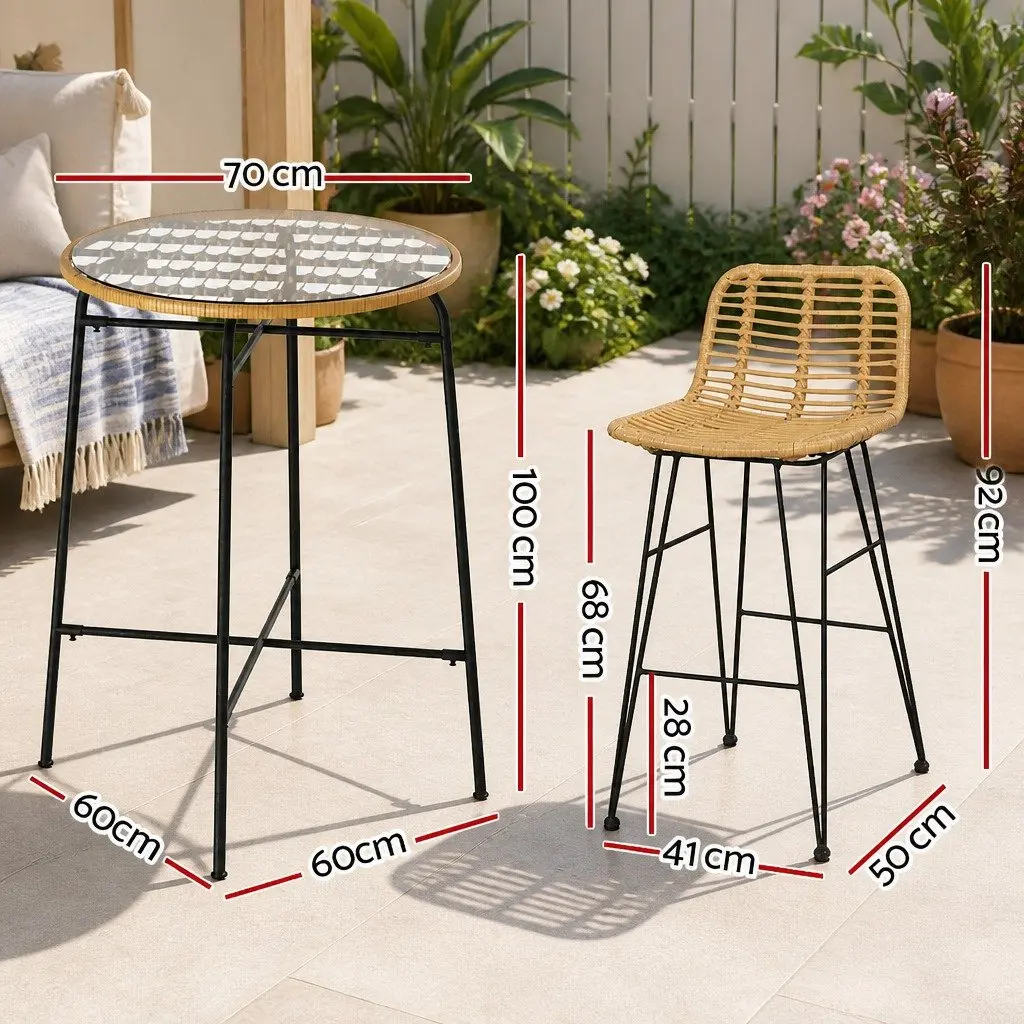 Outdoor Bar Set Brown Black 3 Piece Wicker Chairs Table Tempered Glass Surface