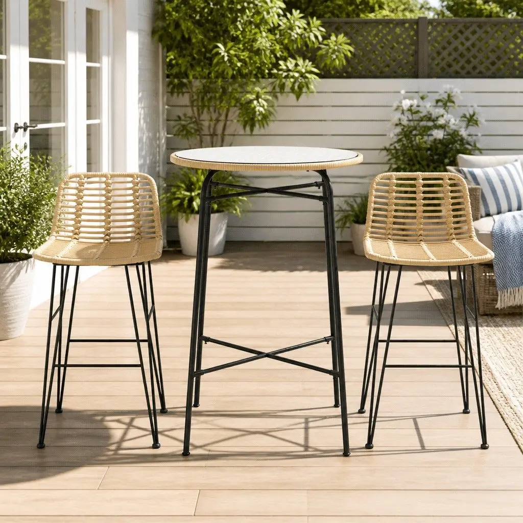 Outdoor Bar Set Brown Black 3 Piece Wicker Chairs Table Tempered Glass Surface