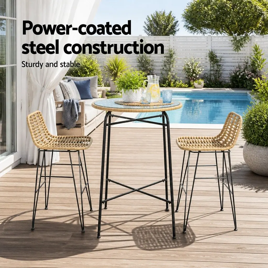 Outdoor Bar Set Brown Black 3 Piece Wicker Chairs Table Tempered Glass Surface
