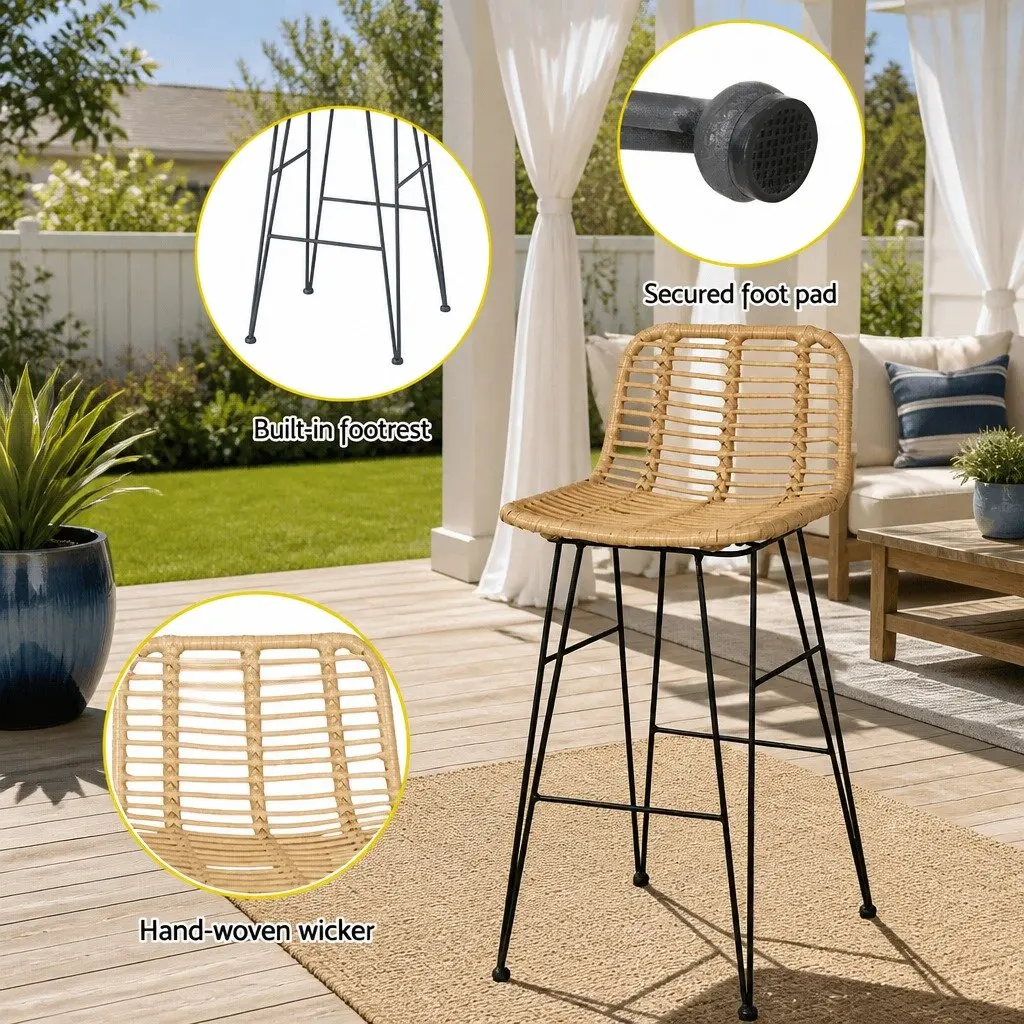 Outdoor Bar Set Brown Black 3 Piece Wicker Chairs Table Tempered Glass Surface