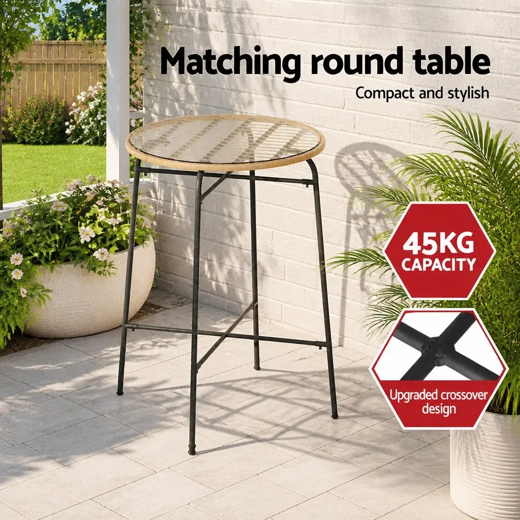 Outdoor Bar Set Brown Black 3 Piece Wicker Chairs Table Tempered Glass Surface