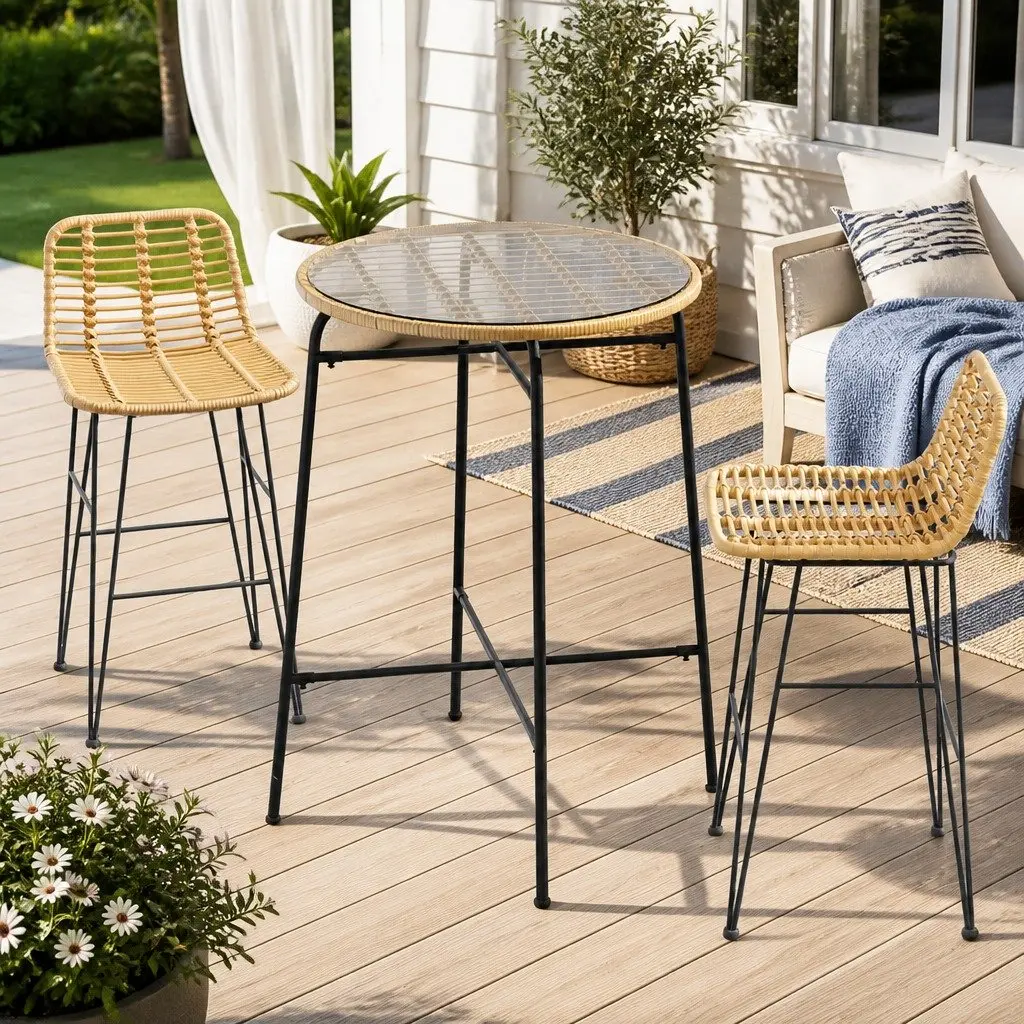 Outdoor Bar Set Brown Black 3 Piece Wicker Chairs Table Tempered Glass Surface