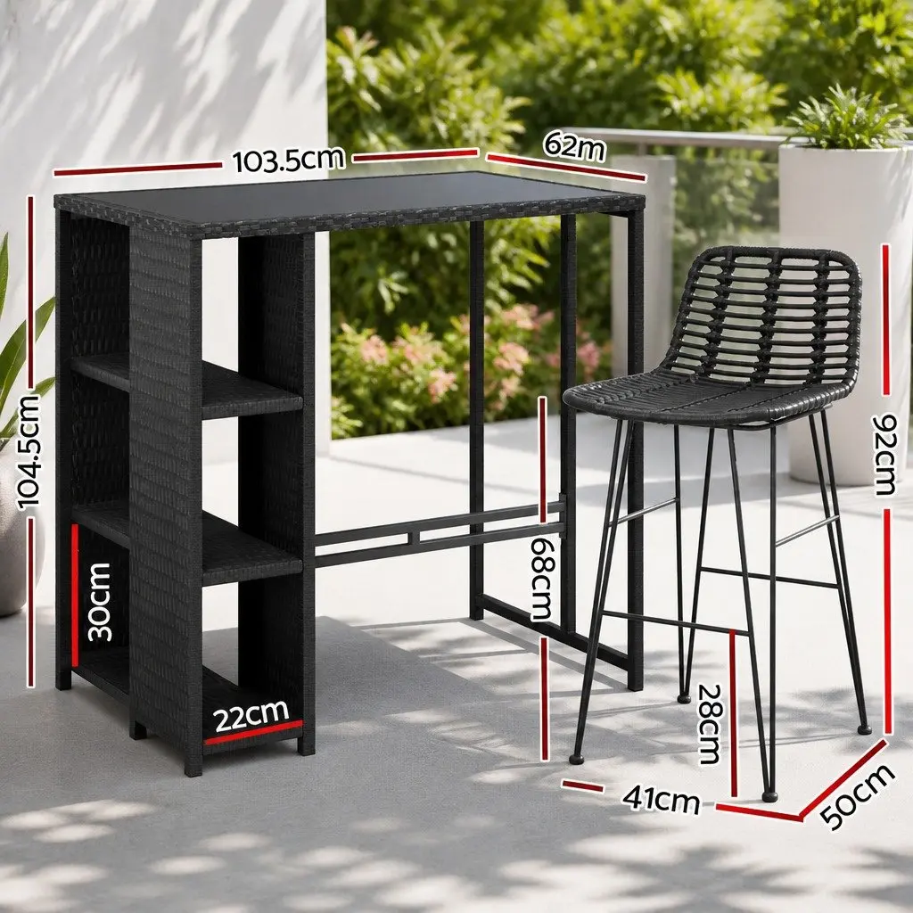 Outdoor Dining Set Black Wicker 3 Piece UV Resistant Weather Resistant with Storage Shelves