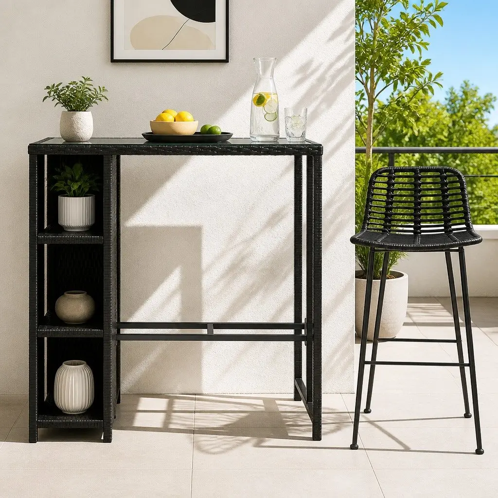 Outdoor Dining Set Black Wicker 3 Piece UV Resistant Weather Resistant with Storage Shelves