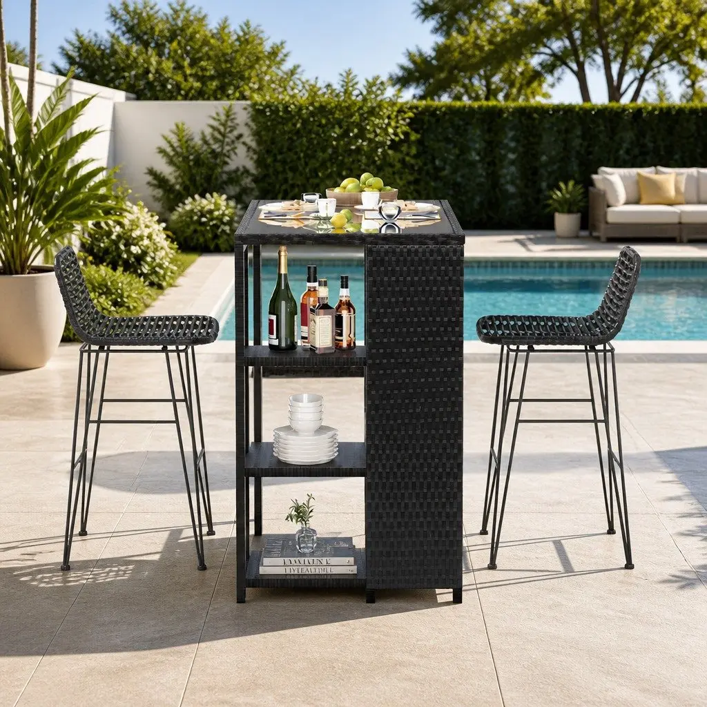 Outdoor Dining Set Black Wicker 3 Piece UV Resistant Weather Resistant with Storage Shelves