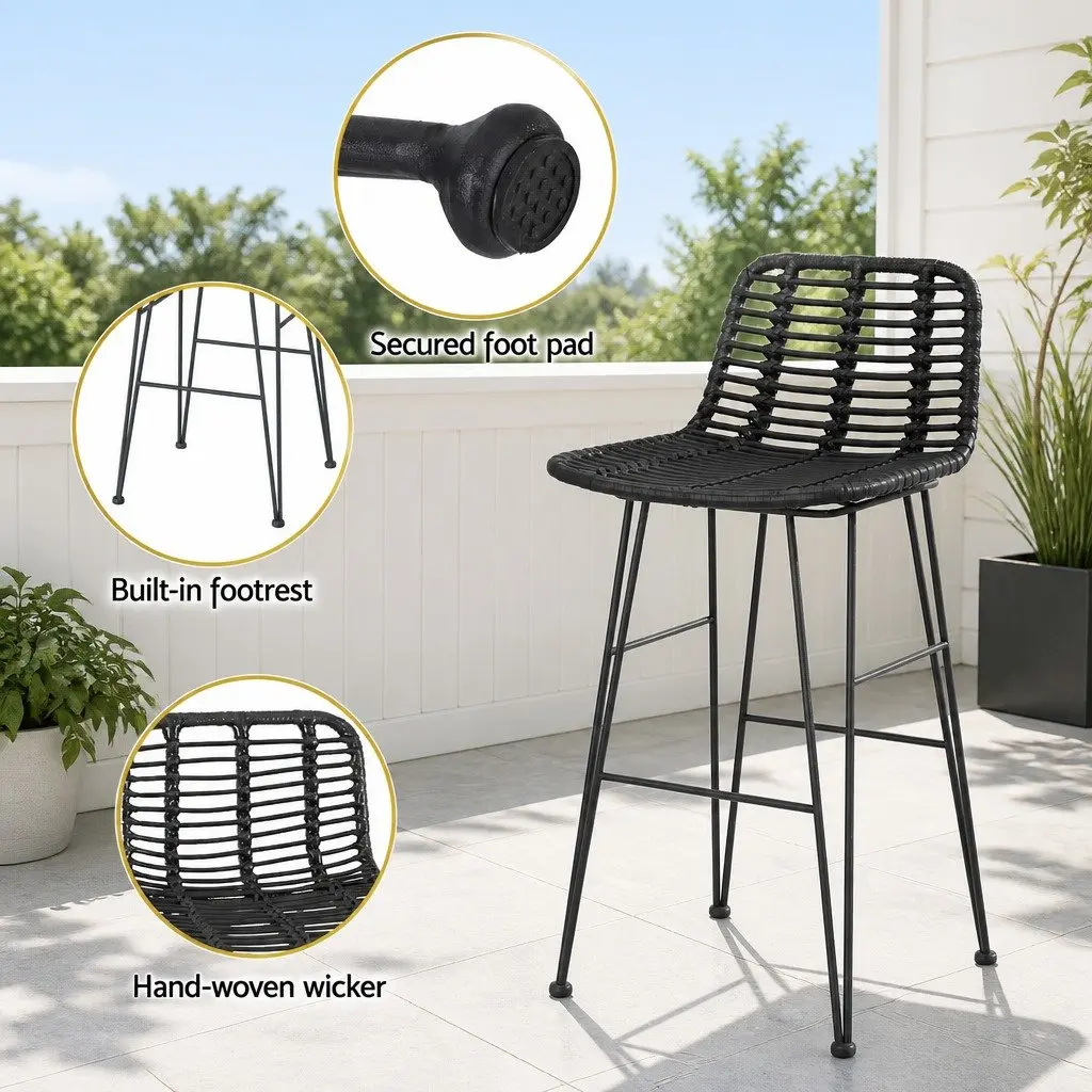 Outdoor Dining Set Black Wicker 3 Piece UV Resistant Weather Resistant with Storage Shelves
