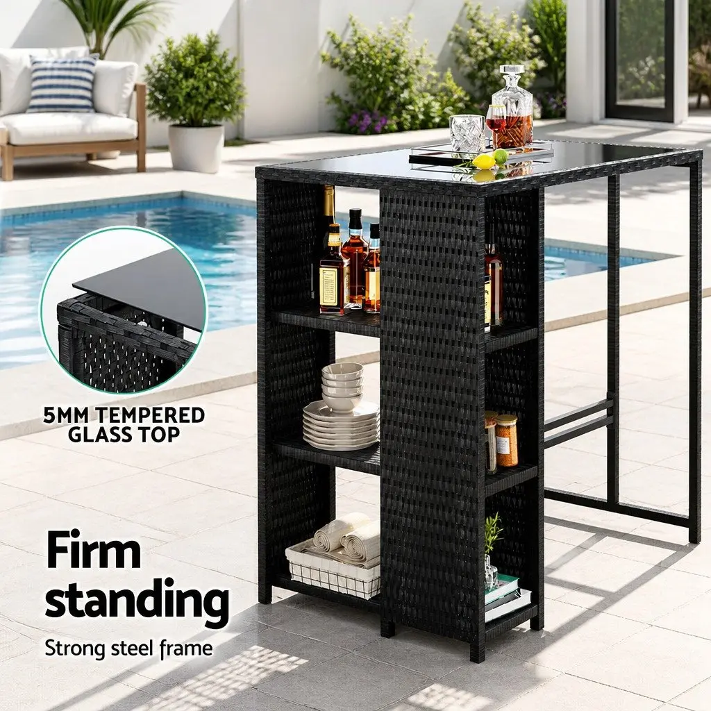 Outdoor Dining Set Black Wicker 3 Piece UV Resistant Weather Resistant with Storage Shelves