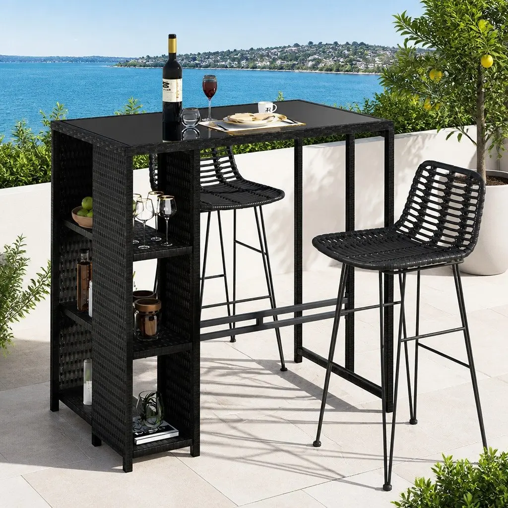 Outdoor Dining Set Black Wicker 3 Piece UV Resistant Weather Resistant with Storage Shelves