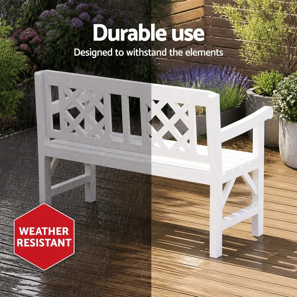 Outdoor Garden Bench White 2 Seat Natural Fir Wood Lattice-Pattern Backrest