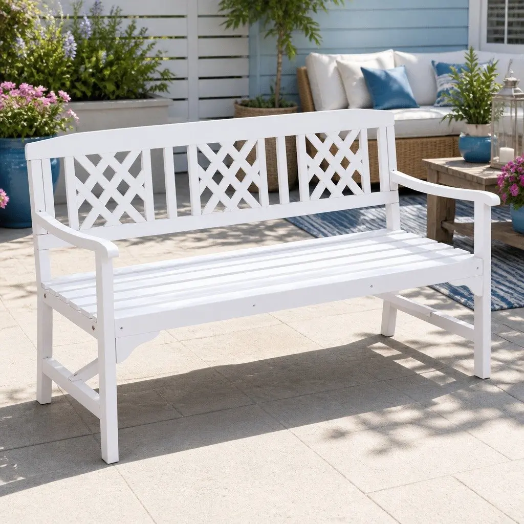 Garden Bench Wooden 3 Seat Patio Furniture Outdoor Lounge Chair White