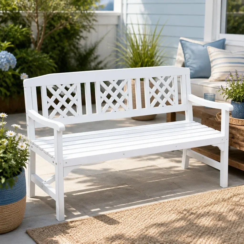 Garden Bench Wooden 3 Seat Patio Furniture Outdoor Lounge Chair White