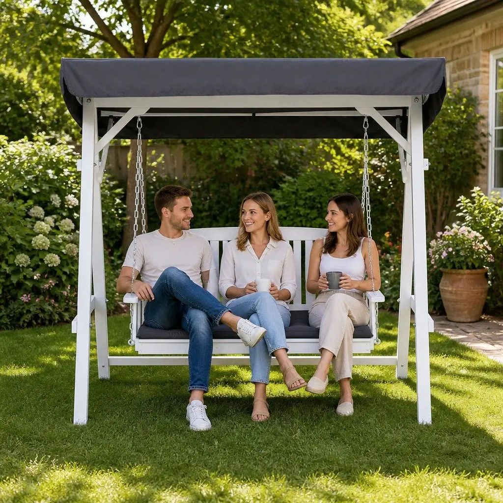 Outdoor Swing Chair White 3 Seater Adjustable Canopy