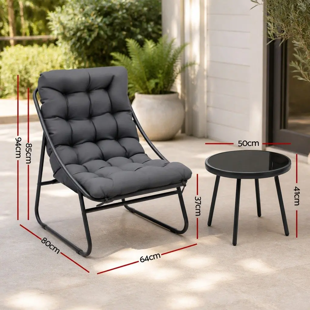 3 Piece Outdoor Bistro Dining Set Steel Frame Glass Table Patio Furniture Grey