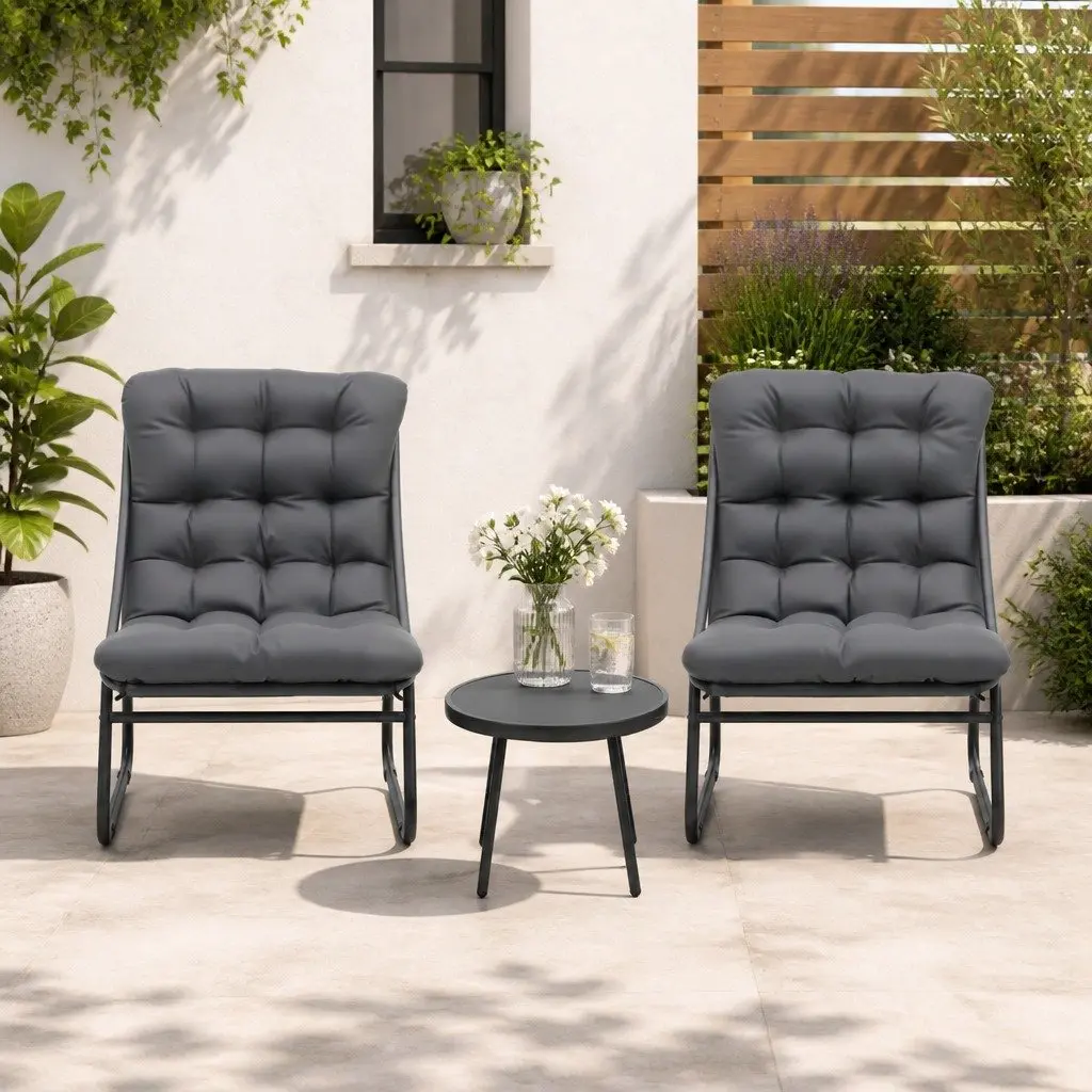 3 Piece Outdoor Bistro Dining Set Steel Frame Glass Table Patio Furniture Grey