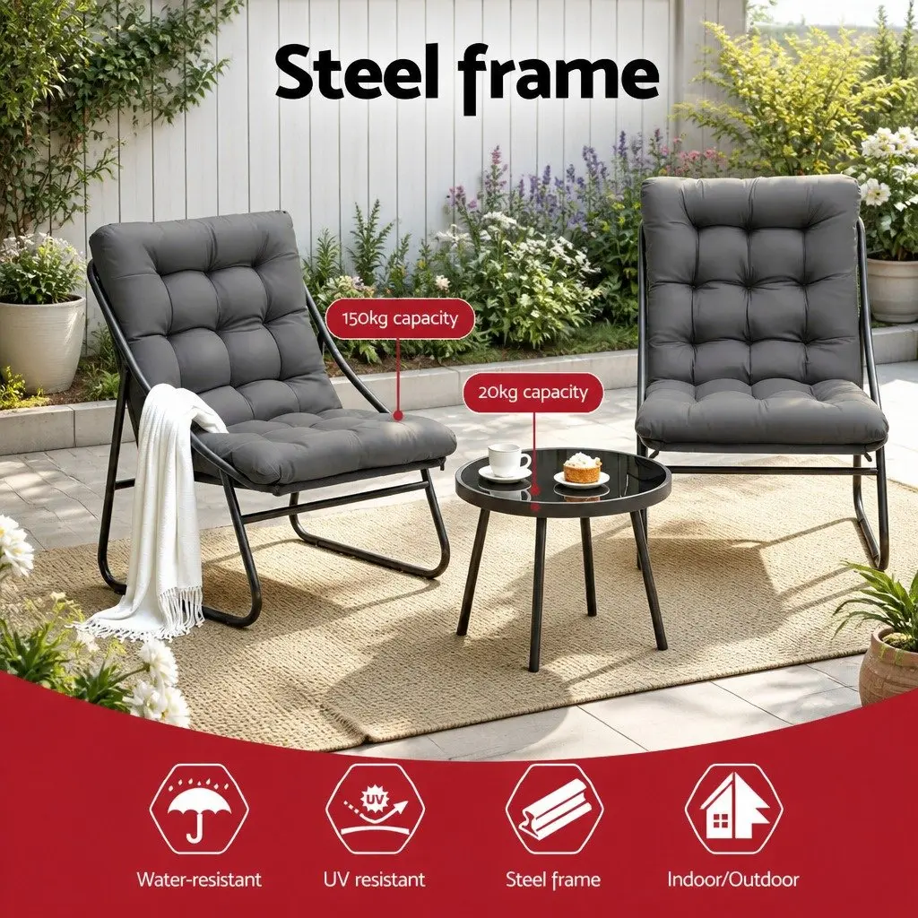 3 Piece Outdoor Bistro Dining Set Steel Frame Glass Table Patio Furniture Grey