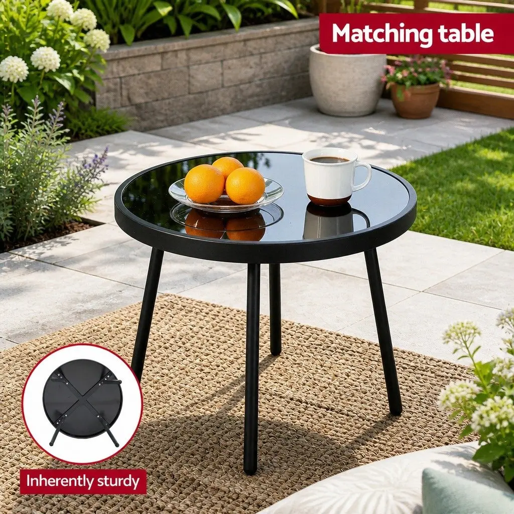 3 Piece Outdoor Bistro Dining Set Steel Frame Glass Table Patio Furniture Grey