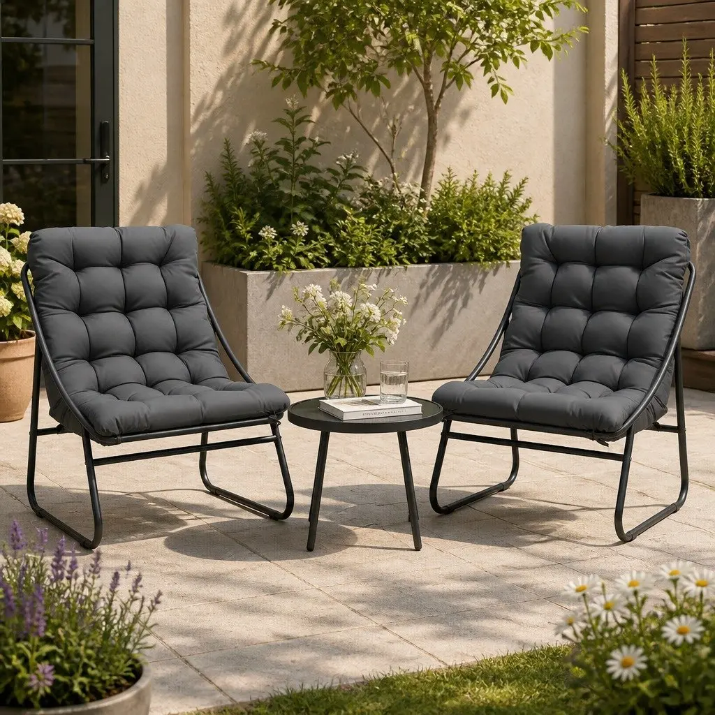 3 Piece Outdoor Bistro Dining Set Steel Frame Glass Table Patio Furniture Grey
