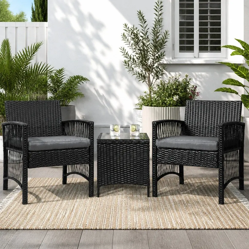 3 Piece Outdoor Bistro Set Black Wicker Dining Chairs Table Cushion Weather Resistant