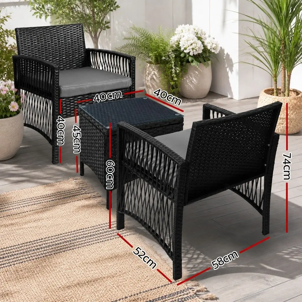 3 Piece Outdoor Bistro Set Black Wicker Dining Chairs Table Cushion Weather Resistant