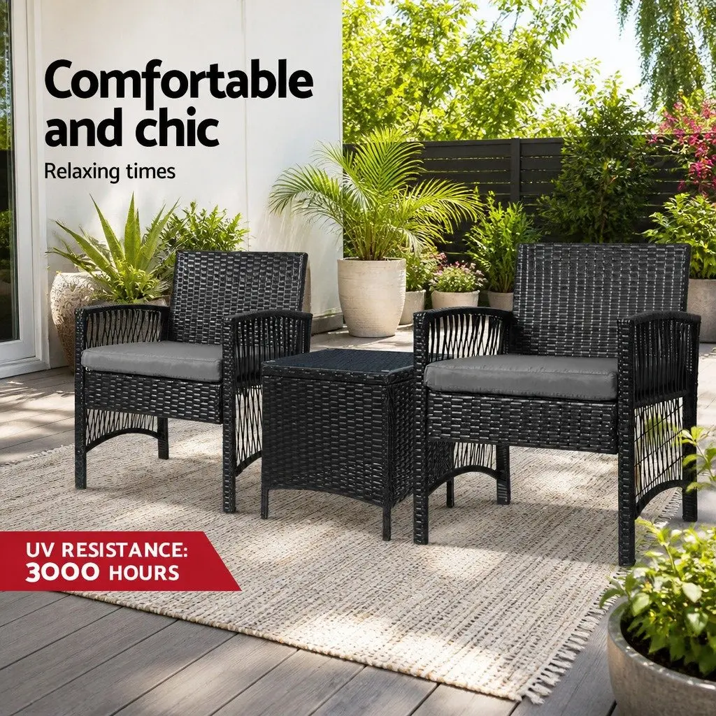 3 Piece Outdoor Bistro Set Black Wicker Dining Chairs Table Cushion Weather Resistant