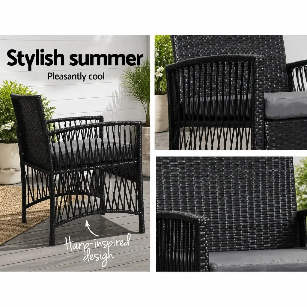 3 Piece Outdoor Bistro Set Black Wicker Dining Chairs Table Cushion Weather Resistant