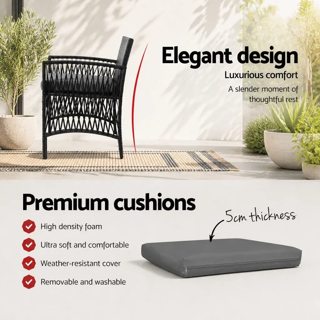 3 Piece Outdoor Bistro Set Black Wicker Dining Chairs Table Cushion Weather Resistant