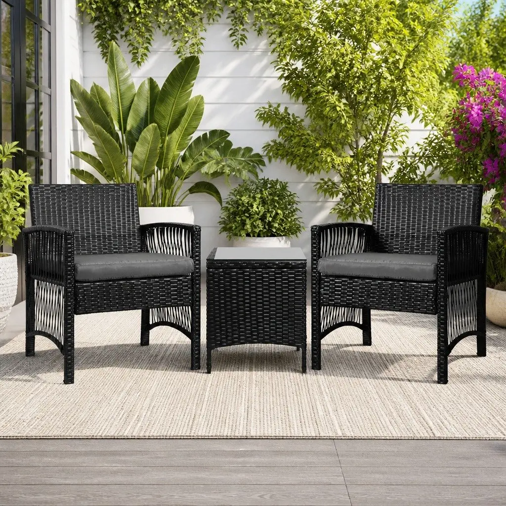 3 Piece Outdoor Bistro Set Black Wicker Dining Chairs Table Cushion Weather Resistant