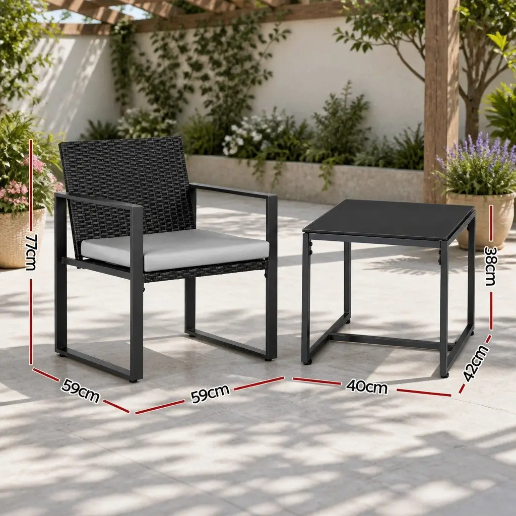 Outdoor Bistro Set Black 3 Piece Compact Handwoven PE Rattan Steel Frame Tempered Glass Table Weather Resistant Removable Cushions