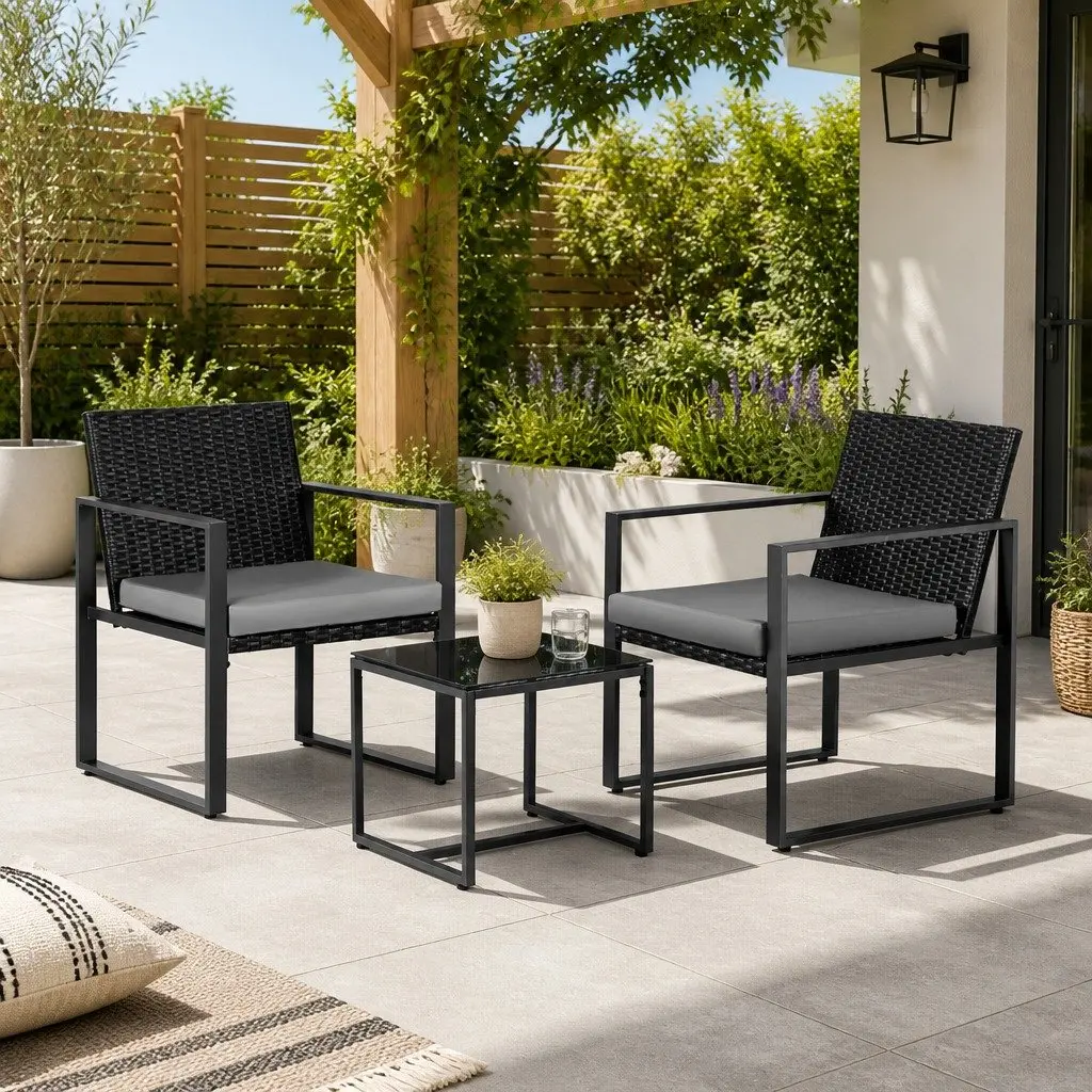 Outdoor Bistro Set Black 3 Piece Compact Handwoven PE Rattan Steel Frame Tempered Glass Table Weather Resistant Removable Cushions