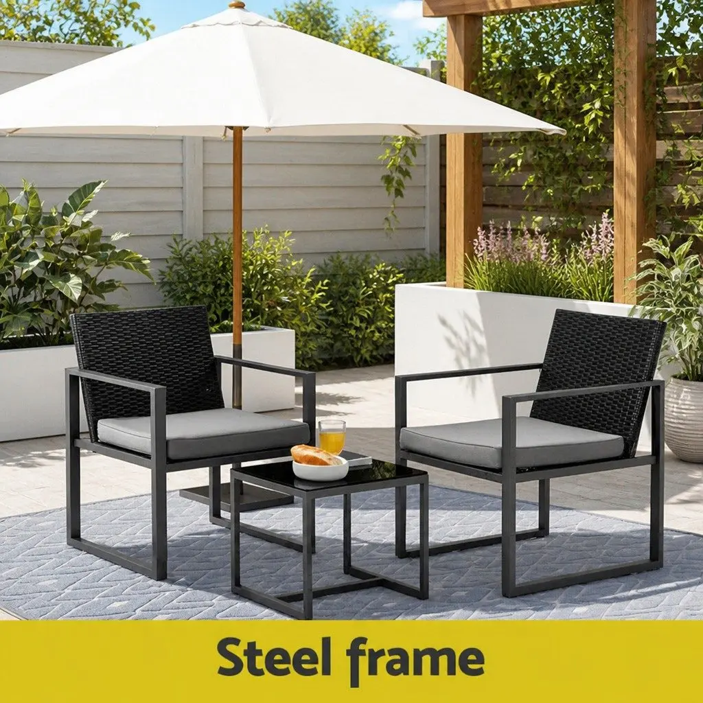 Outdoor Bistro Set Black 3 Piece Compact Handwoven PE Rattan Steel Frame Tempered Glass Table Weather Resistant Removable Cushions