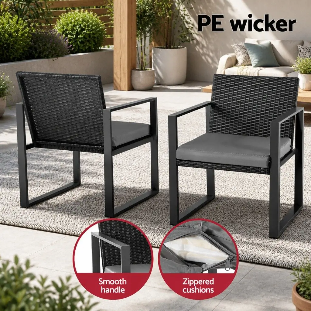 Outdoor Bistro Set Black 3 Piece Compact Handwoven PE Rattan Steel Frame Tempered Glass Table Weather Resistant Removable Cushions