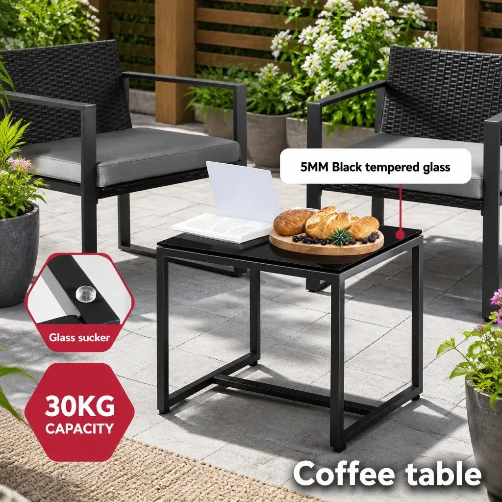 Outdoor Bistro Set Black 3 Piece Compact Handwoven PE Rattan Steel Frame Tempered Glass Table Weather Resistant Removable Cushions