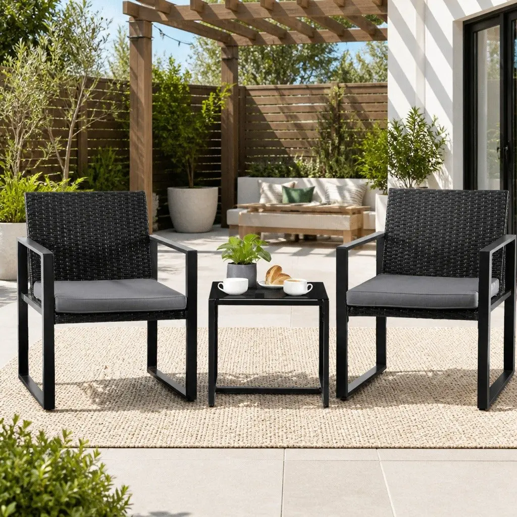 Outdoor Bistro Set Black 3 Piece Compact Handwoven PE Rattan Steel Frame Tempered Glass Table Weather Resistant Removable Cushions