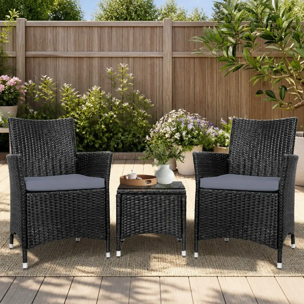 Outdoor Bistro Set Black 3 Piece Wicker Chairs Side Table with Cushions