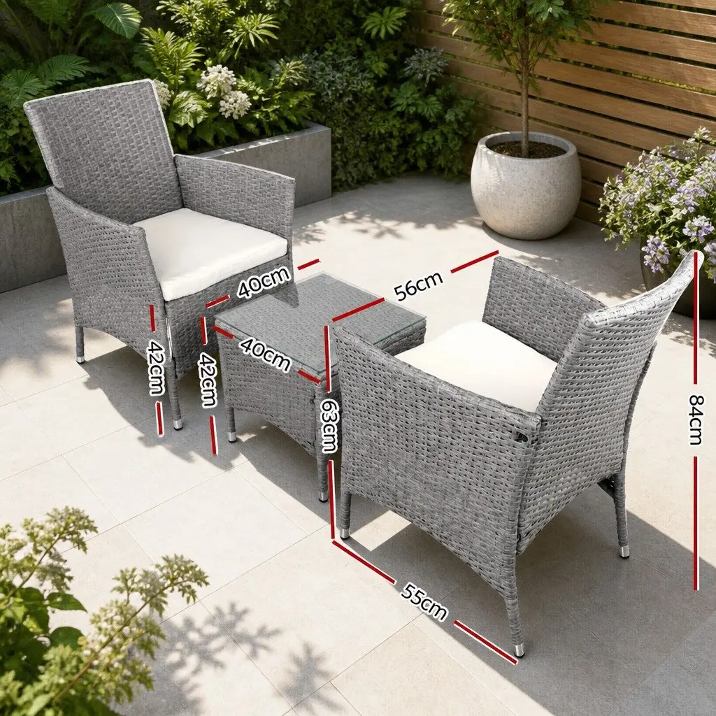3-Piece Outdoor Bistro Set Grey Wicker Chairs Side Table Patio Furniture Cushion