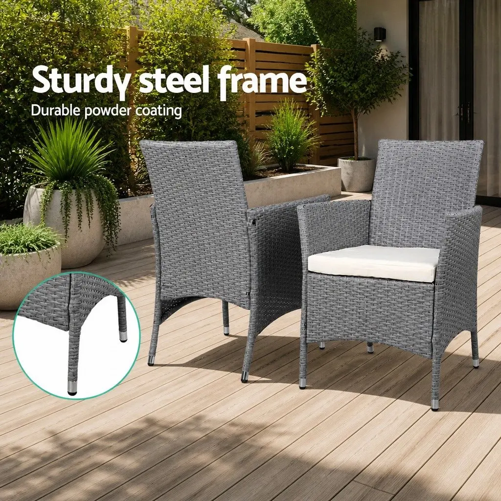 3-Piece Outdoor Bistro Set Grey Wicker Chairs Side Table Patio Furniture Cushion