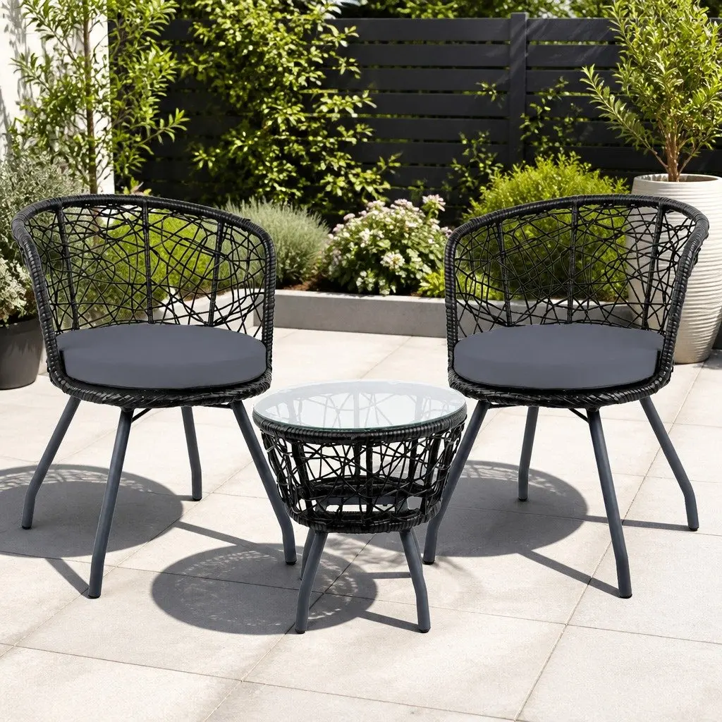 3PC Outdoor Rattan Bistro Set Black Round Table with Cushioned Chairs for Patio Garden