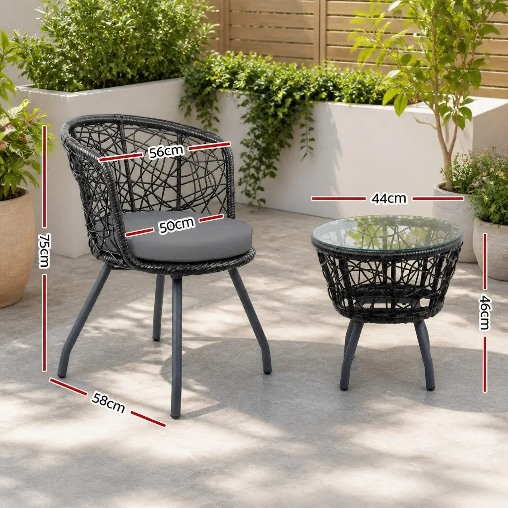 3PC Outdoor Rattan Bistro Set Black Round Table with Cushioned Chairs for Patio Garden